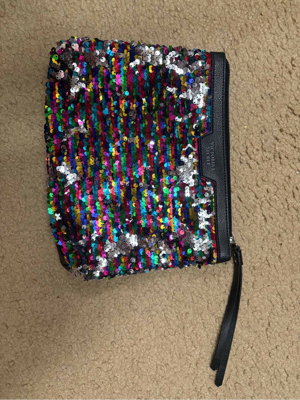 Victoria's Secret Rainbow Sequin Cosmetic Clutch with Black Trim